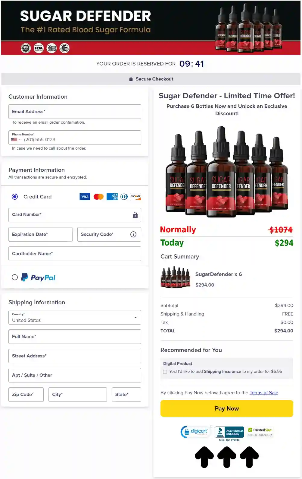Sugar Defender secure checkout and order page